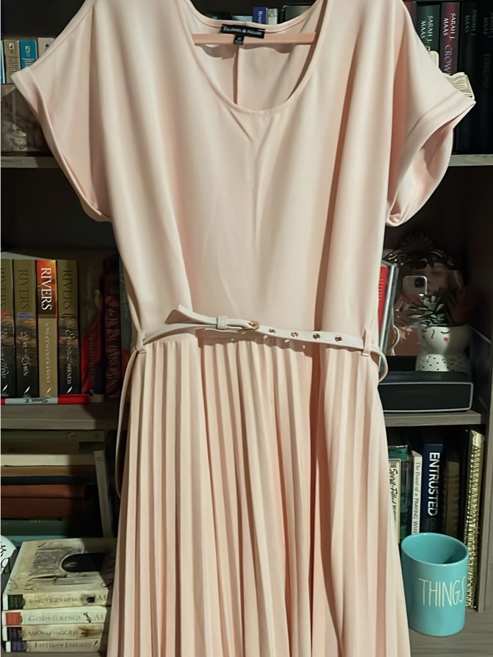 Women’s Blush Pink Pleated Midi Dress with Belt
